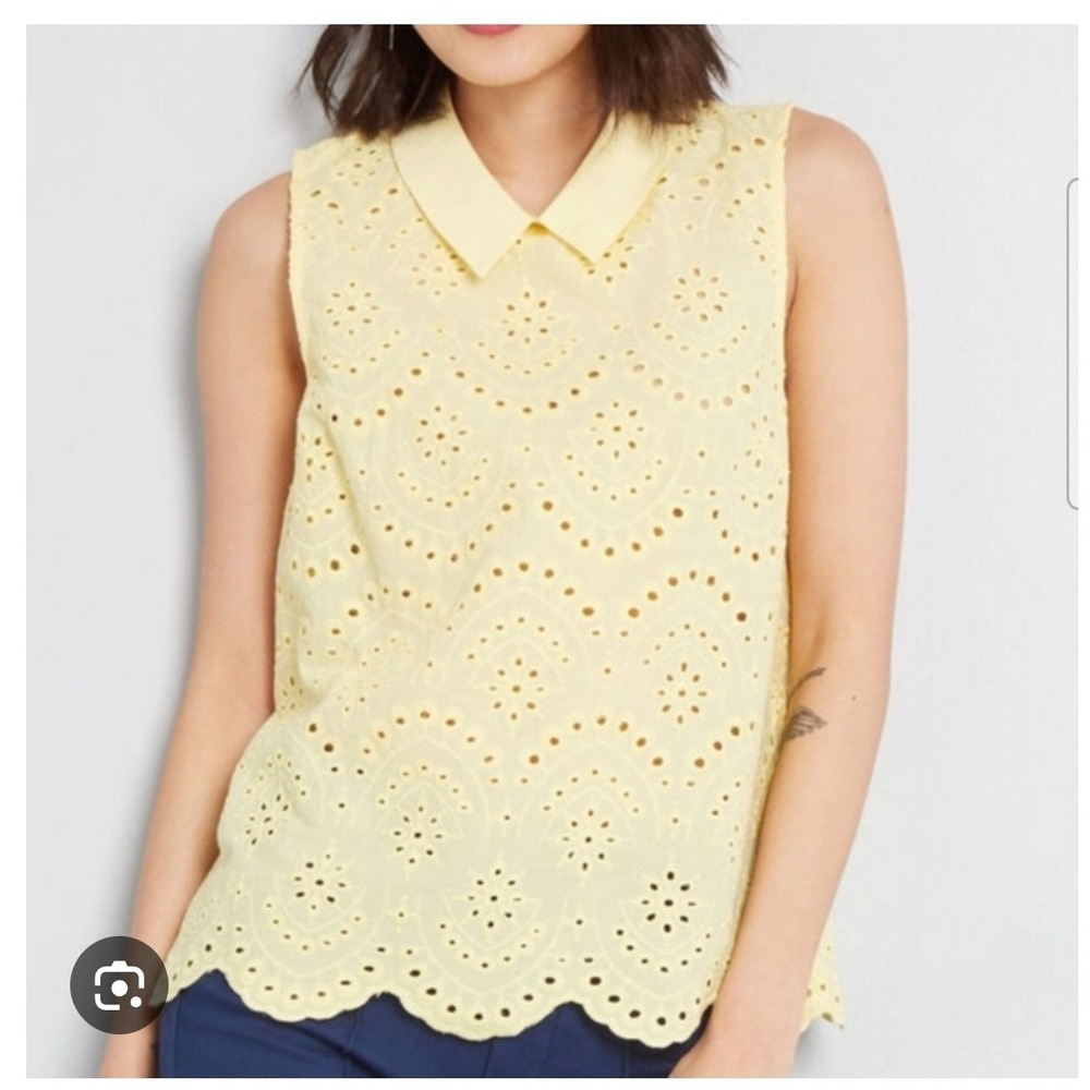 ModCloth NEW Yellow Eyelet Sleeveless Top Cotton Scalloped Hem XL Beach coastal